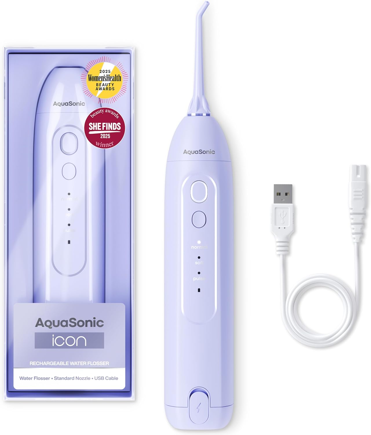 AquaSonic Icon Water Flosser for Teeth – Cordless Rechargeable Oral Irrigator – Waterproof, Portable Dental Cleaning with Jet Tip – Braces Home Travel - Lilac