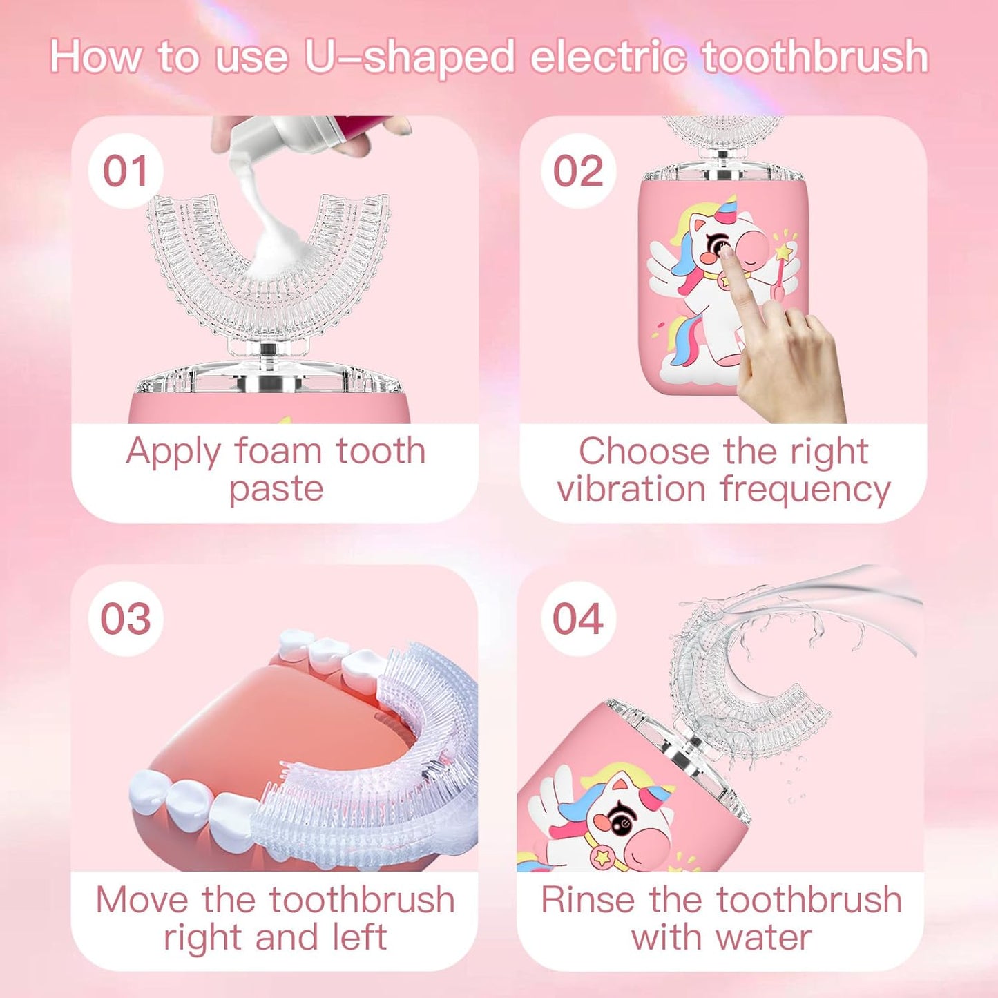 Kids Electric U Shaped Toothbrush Unicorn Rechargeable Sonic Toothbrush with 4 Soft Brush Heads with Kid Toothpaste IPX7 Waterproof - (Age 2-7, Pink)