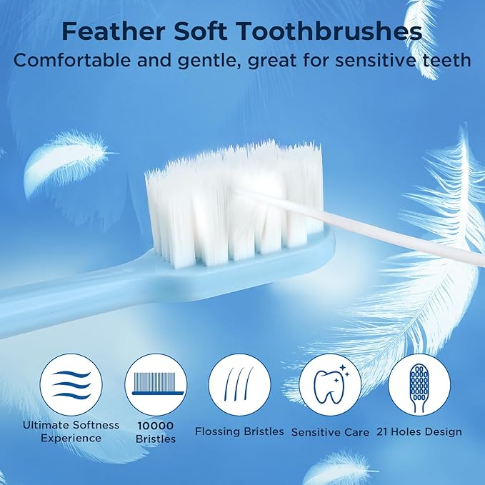 Extra Soft Toothbrush for Sensitive Gums, Compact Head Soft Bristle Toothbrush with 10000 Soft Flossing Micro Nano Bristles for Adults, Pregnant Women, Elderly, Braces