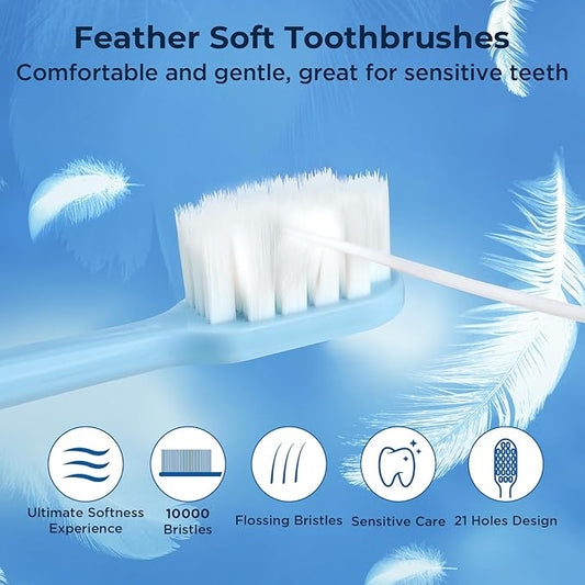 Extra Soft Toothbrush for Sensitive Gums, Compact Head Soft Bristle Toothbrush with 10000 Soft Flossing Micro Nano Bristles for Adults, Pregnant Women, Elderly, Braces