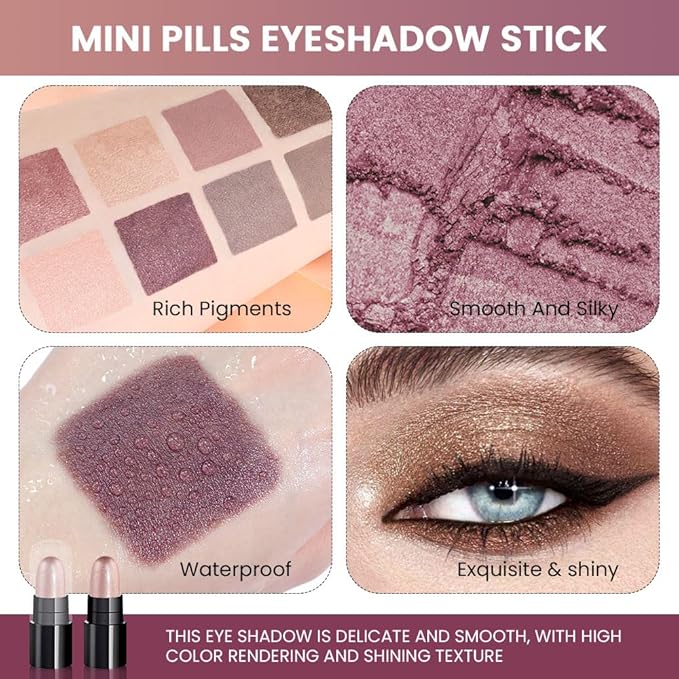 evpct 12Pcs Capsule Cream Eye Shadow Brightener Sticks Set for Eyes, Champagne Pearl Taupe Bronze Cocoa Stone Putty Smoky Amethyst Shimmer Matte Pencil Eye shadow Applicator Stick Palette Makeup 02