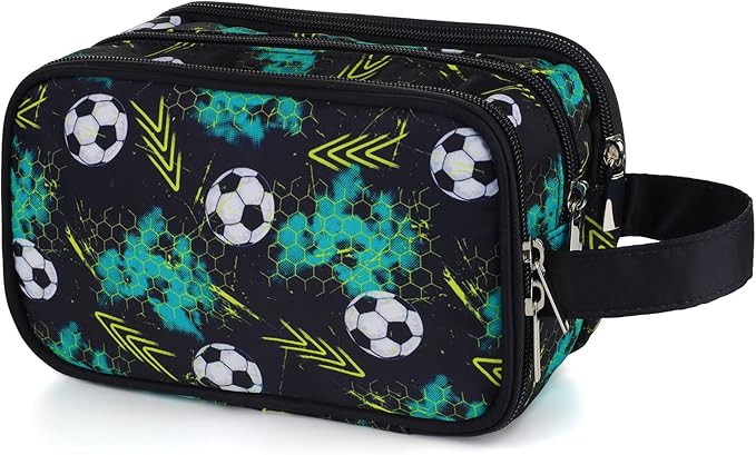 Kids Toiletry Bag for Boys, Travel Toiletry Bag for Little Young Boys Waterproof Hanging Wash Bag Toddler Traveling Toiletries, Soccer Balls Black