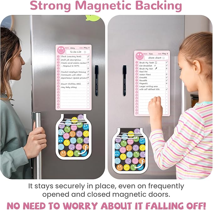 JJPRO Magnetic Daily Checklist for Kids with Smiley Faces Reward Jar- 10" x5.5“ Home Chore Chart for Fridge,Daily to Do List Board for Toddlers,Magnetic Reward Jar Positive Behavior Training -Pink