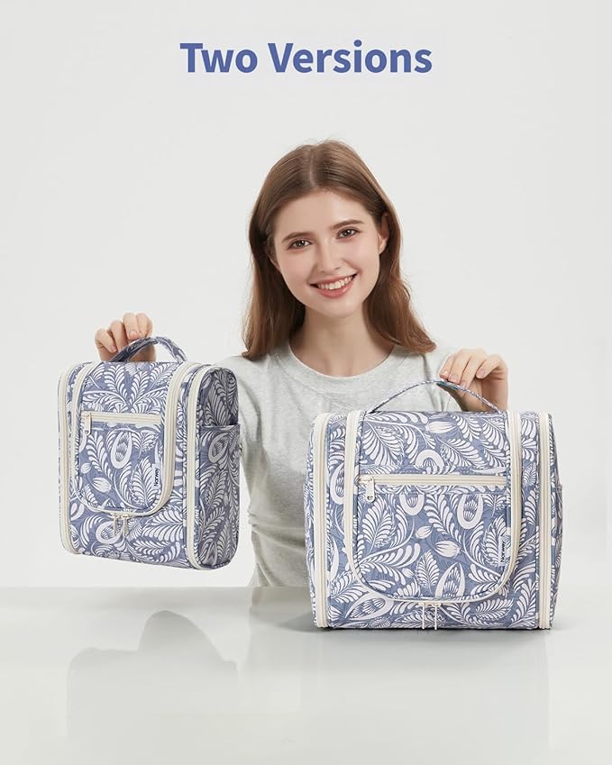 Narwey Small Hanging Toiletry Bag Women Travel Makeup Bag Organizer Toiletries Bag for Travel Size Essentials Accessories Cosmetics (Medium, Blue Leaf)