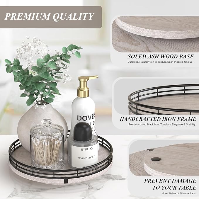 9" Wooden Lazy Susan Organizer for Cabinet, Turntable Round Decorative Tray for Kitchen Sink, Countertop Organizer, Bathroom Counter Organizer for Skincare Makeup, Rustic Whitewashed