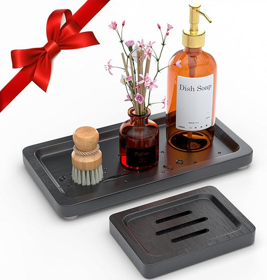 Black Bathroom Accessories Set 2 pcs - 9’’ Small Black Bamboo Tray for Bathroom, Wooden Bar Soap Holder for Shower, Kitchen Soap Dispenser Set for Sink, Kitchen Dish Tray Decor