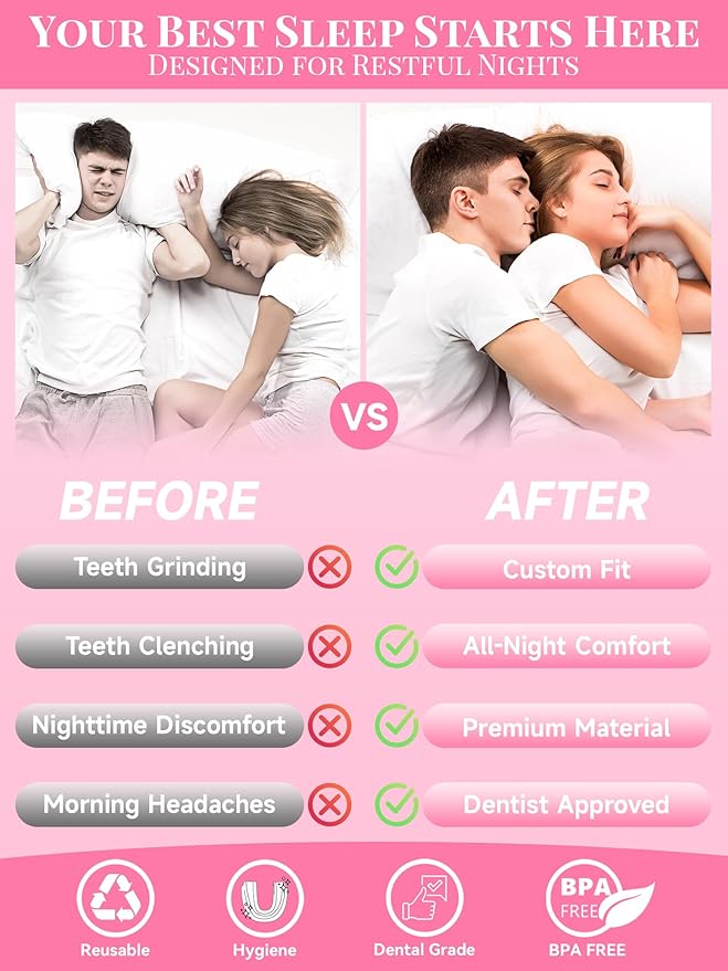 4 Pack Pink Night Guards for Teeth Grinding and Clenching, Women Teeth Grinding Mouth Guard for Sleep with 2 Mirror Cases, Moldable Mouthguard for Women, Adults, Bruxism Relief