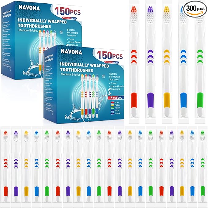 Navona 300 PCS Premium Individually Wrapped Bulk Toothbrush Pack, Disposable Toothbrushes, Kids Toothbrush, Medium Soft Bristle Toothbrushes, Ergonomics Handle, Perfect for Travel Hotel Donation