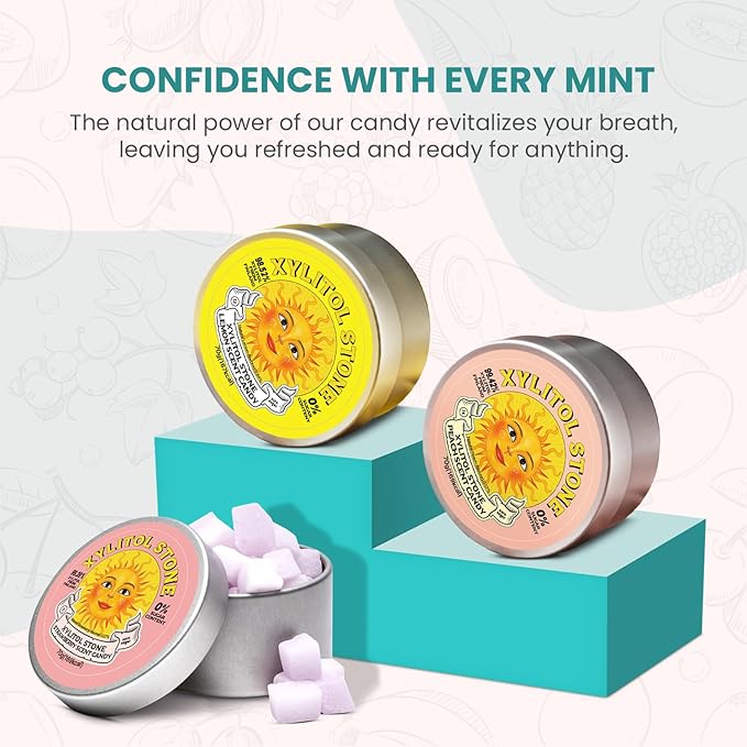 Xylitol Stone Sugar Free Candy - Vegan & Keto Friendly Unique Hard Candy - 100% Natural Flavor Candies - Gluten Free & Non-GMO Breath Freshener Low Calorie Mints - Pack of 3 (Peach, Strawberry, Lemon)