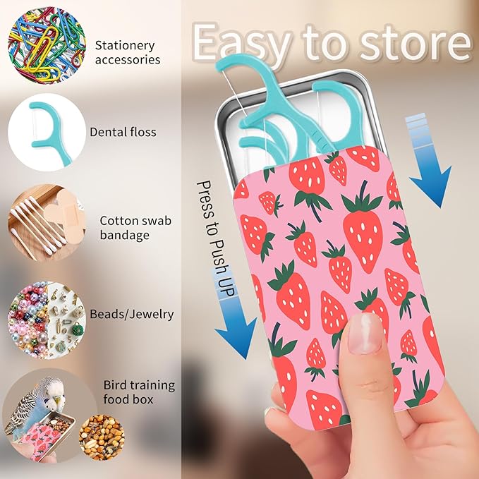 Portable Dental Floss Case, Refillable Cute Travel Floss Dispenser for Men & Women, Pocket Travel Floss Picks Case for Purse, Backpack, Bag Pink Strawberries