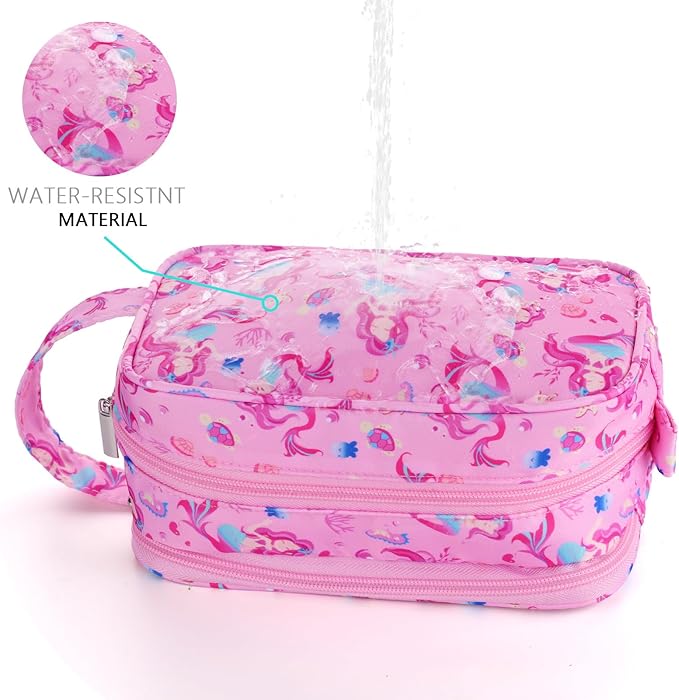 Mermaid Kids Toiletry Bag for Girls, Travel Toiletry Bag for Little Young Girls Cosmetic Bag Makeup Bag Waterproof Hanging Wash Bag Toddler Toiletries, Pink