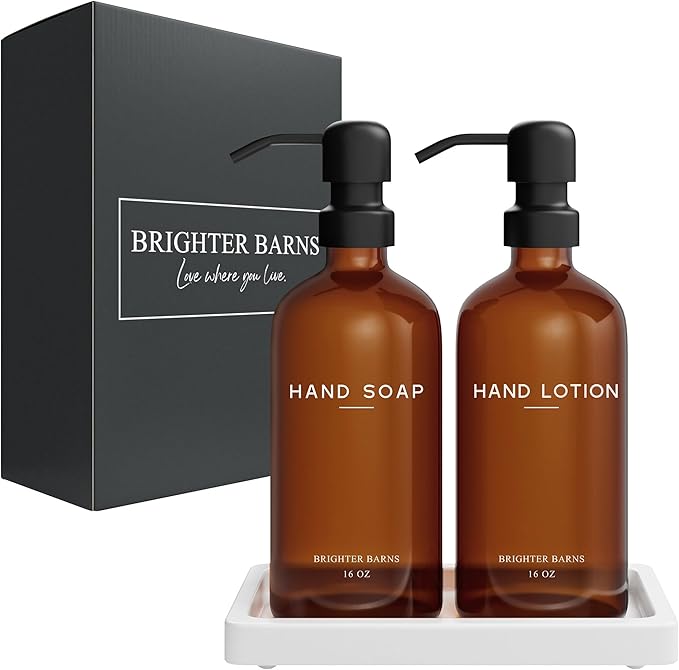 Amber Glass Soap and Lotion Dispenser Set with Tray by Brighter Barns - Hand Soap Dispenser Bathroom Set & Stainless Steel Pump for Home, Restaurant, Spa - Neutral Bathroom Decor & Accessories (Amber)