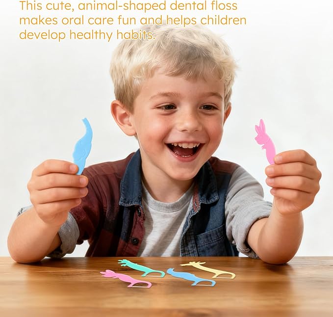 Kids Floss Individually Wrapped Kids Dental Floss Picks 4 Cute Animal Shapes Fun Flossers Helps Prevent Tooth Decay & Gum Diseas for Family, Travel, and picnics 4 Colors (500)