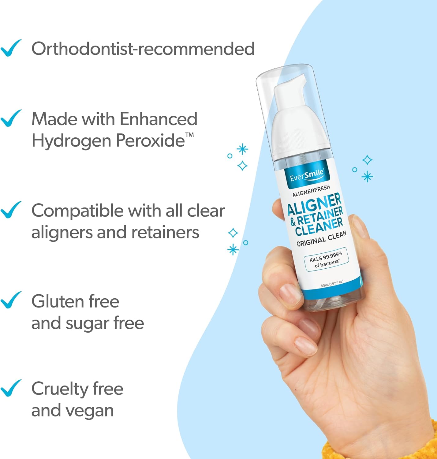 EverSmile AlignerFresh Original Clean Foam – Cleaner Compatible w/Invisalign and All Clear Aligners & Retainers – Eliminates Bacteria, Whitens Teeth, Fights Bad Breath – 50ml (4 Pack)