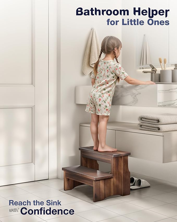 Wooden Two Step Stool, Heavy Duty 2-Step Ladder for Adults & Kids, Supports up to 450lbs for Kitchen, Bathroom or Bedside Use (Walnut Finish)