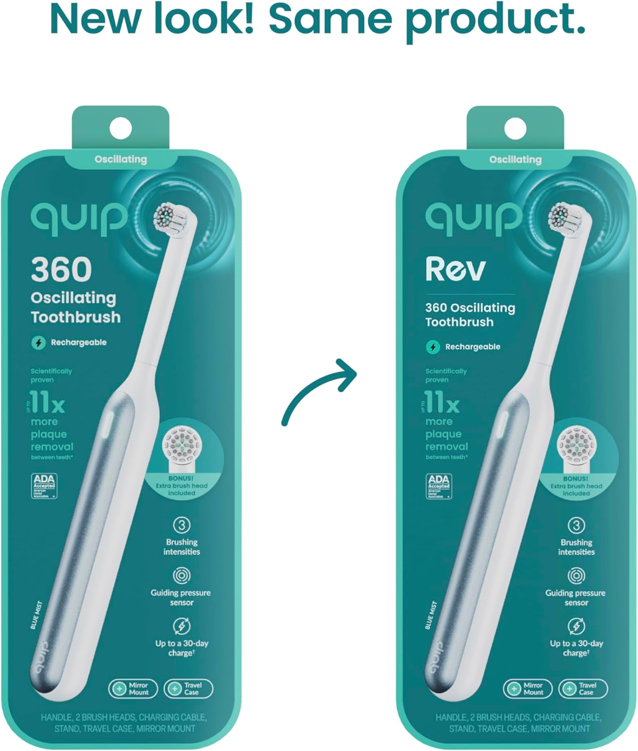 Quip 360 Oscillating Rechargeable Electric Toothbrush with Extra Brush Head - Soft Bristles, Pressure Sensor, 3 Intensities, 30-Day Battery Life, 2-Min Timer, Travel Case, Mirror Mount - Blue Mist