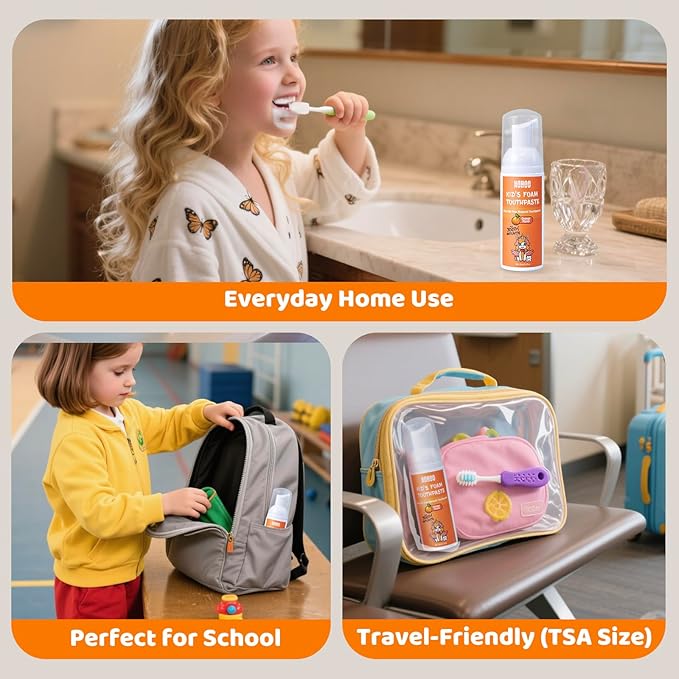 NOHOO Fluoride Free Foam Toothpaste Kids Fruit Flavour,Natural Training Toothpaste for Baby Toddler Children Oral Cleaning and Cavity Protection Strawberry Orange Peach Watermelon