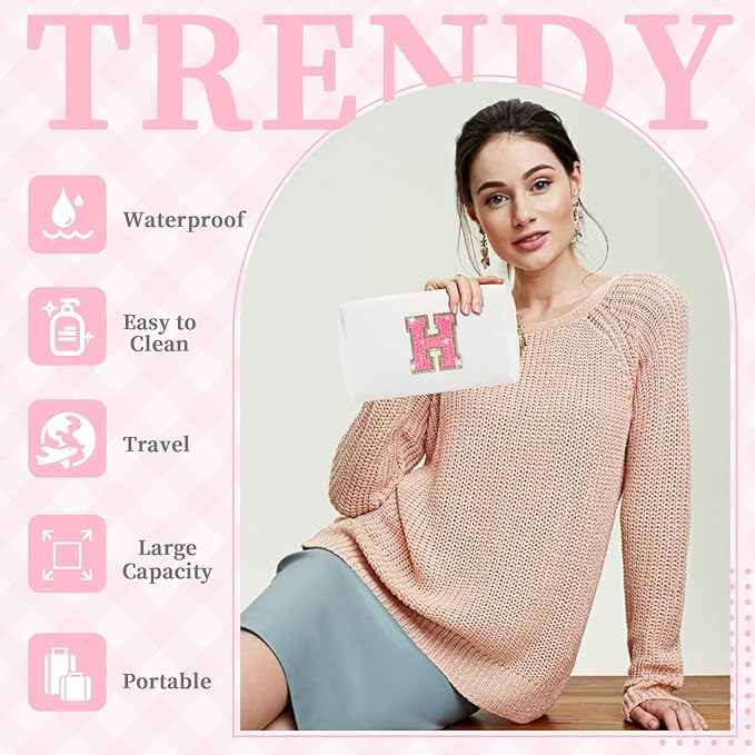 Small Personalized Initial A-Z Patch Makeup Bag,White Cute PU Leather Glitter Letter Cosmetic Bag for Teen Girls,Travel Toiletry Bag with Zipper,Preppy Monogrammed Birthday Gift for Daughter Niece H