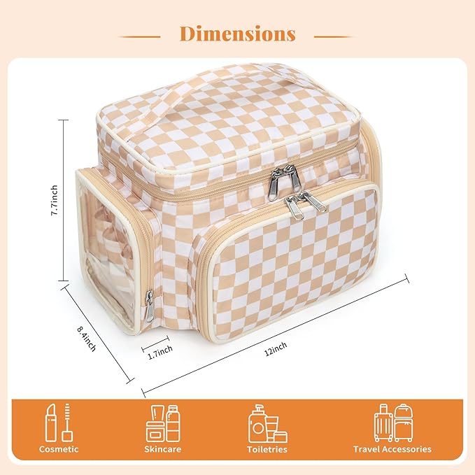 Large Makeup Bag, Portable Travel Makeup Bag Organizer for Women Girls with Makeup Brush Compartment & Two Side Pockets, Cosmetic Travel Bag Vertical Storage Toiletry- Checkerboard
