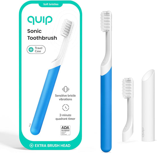 Quip Sonic Electric Toothbrush for Adults - Time Travel & Soft Bristles with Travel Case & Replacement Brush Head - 3 Month Battery Life, Plastic Handle - Blue