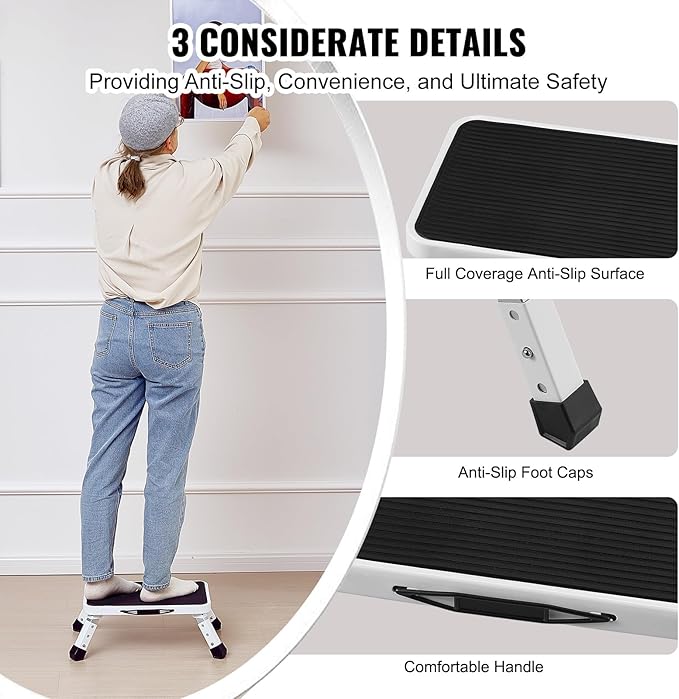 VEVOR 1-Step 330lbs Capacity Folding Steel Step Ladder, Adjustable Height, Non-Slip Sturdy Step Stool for Adults, Toddlers, Offices, RVs, Bathrooms, Bedrooms