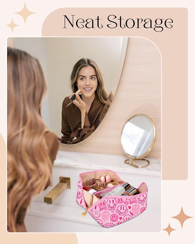 Bistup Makeup Bag Travel Cosmetic Bag Toiletry Make Up Bags Cute Women Large Capacity Big Medium Leather Portable Teen Girls Teenage Kawaii Foldable Expandable Y2K Compact Open Flat Zip