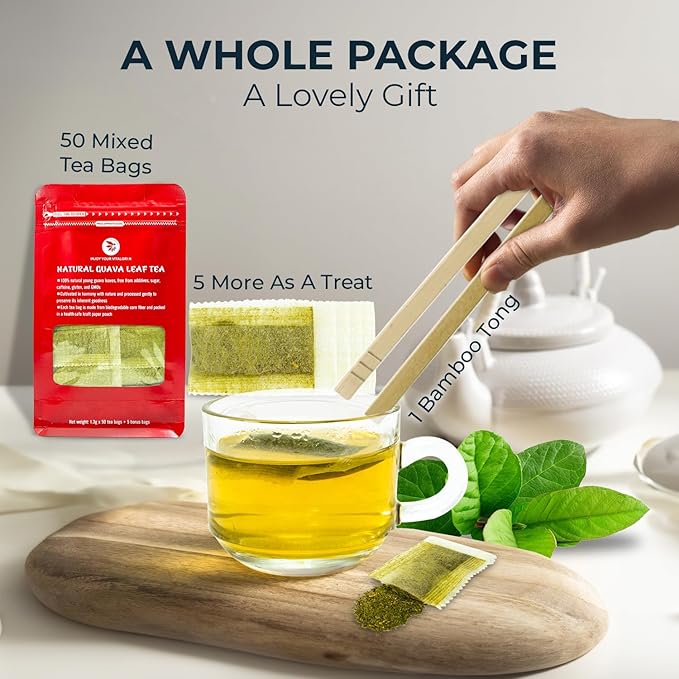 Guava Leaf Tea Bags - 55 Count (+5 Tea Bags) - 4.06 oz with Bamboo Tong, Handpicked & No Sugar Added, No Caffeine, Re-Steep Herbal Tea, Relax Refreshing Hojas De Guayabav