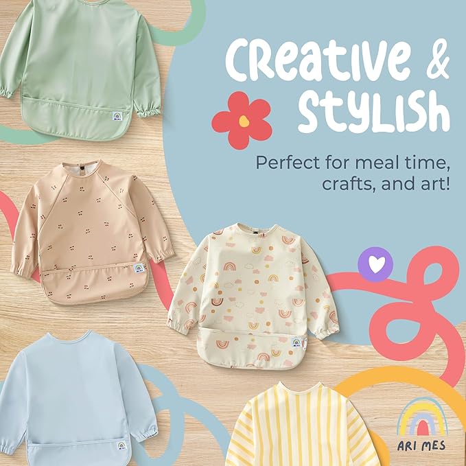 ARI MES Long Sleeves Waterproof Baby Bibs for Eating - Cars, Large- Wearable, Coverall for Toddler, Long Sleeve Bib, Smock for Toddler, Apron for Feeding - Applicable for 6-72 Months