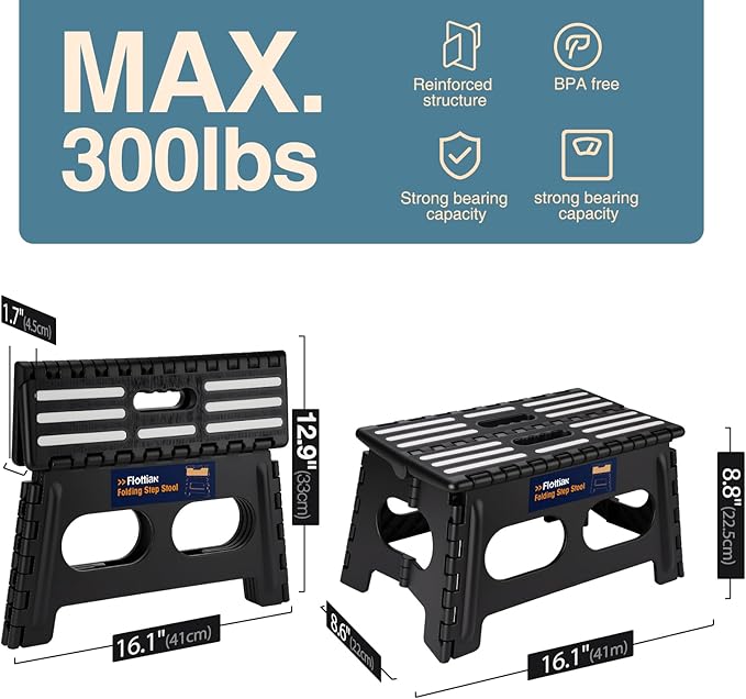 Flottian 9" Folding Step Stool for Adults and Kids 15-Inch Extra Wide Stool Holds Up to 300 lbs,Non-Slip Folding Stools with Handle,Compact Plastic Foldable Step Stool for Bathroom,Kitchen,ect,Black