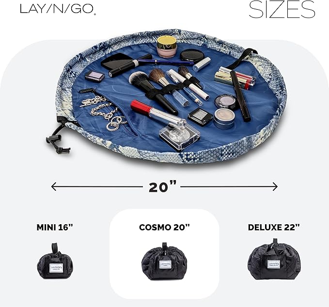 Lay-n-Go Cosmo Drawstring Cosmetic & Makeup Bag Organizer - Portable Drawstring Makeup Bag w/Zipper Pocket, Makeup Loops & More - Durable, Machine Washable Toiletry Bag (20", Blue Snakeskin)