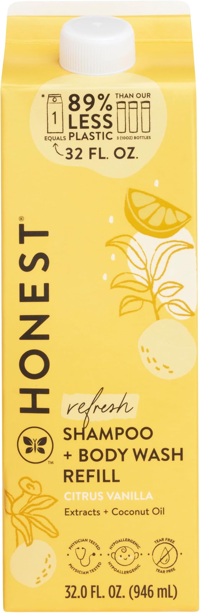 The Honest Company 2-in-1 Cleansing Shampoo Body Wash Refill Carton Gentle for Baby Naturally Derived Tear-free Hypoallergenic Citrus Vanilla Refresh 32 fl oz