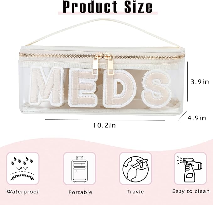 Clear Waterproof MEDS RX Makeup Bag，Transparent PVC Letter Patch medication travel case with Handle and Zipper, Portable Meds First Aid Travel Organizer Cosmetic Bag(02 Beige MEDS)