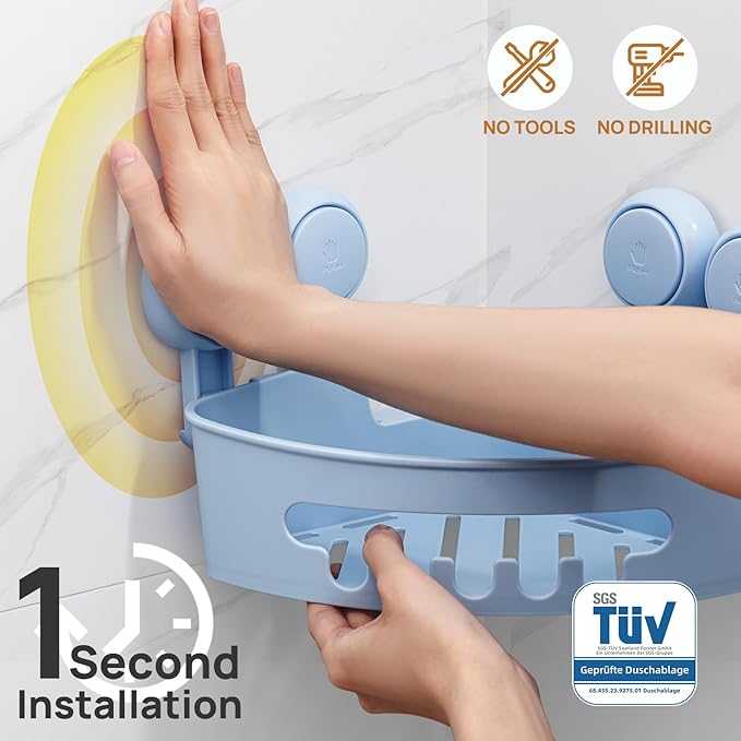 LEVERLOC Powerful Suction Bathroom Shower Shelf, Waterproof and Rustproof Organizer for Bathroom Storage and Kitchen, No-Drilling Removable, Blue