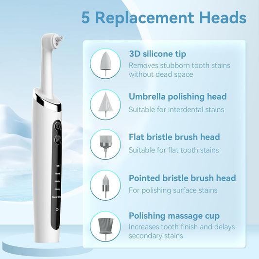 Dentist Tooth Polisher,Electric Tooth Polisher Professional with 5 Replacement Heads & Cleaning Modes, USB Rechargeable, Ipx6 Waterproof, Dental Polisher for Adults & Kids White.