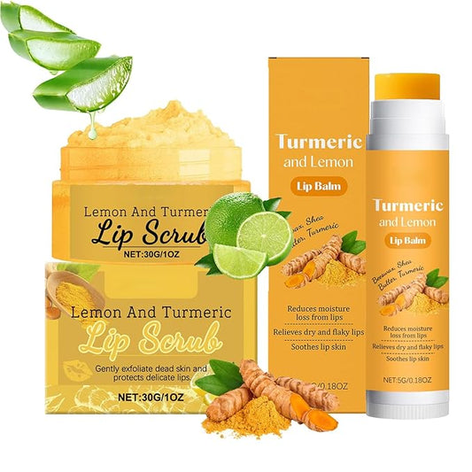 Natural Turmeric Scrub & Lip Balm for Dark Lips Set, Exfoliator to Nourish Lip, for Dry, Chapped, Dull, Dark Lips, Reduce Fine Lines