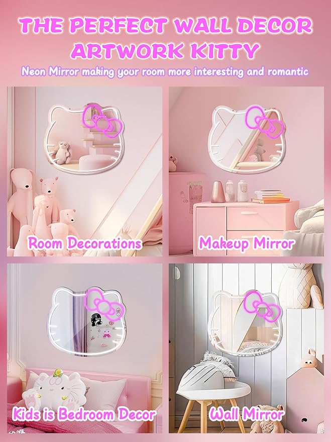 Anime Mirror Vanity, Neon Sign Stuff Room Decor, Neon LED Wall Mirror, Vanity Mirror with Remote for Makeup Mirrors, Bedroom, Teen Girl Children Gift for Birthday Christmas Halloween Thanksgiving