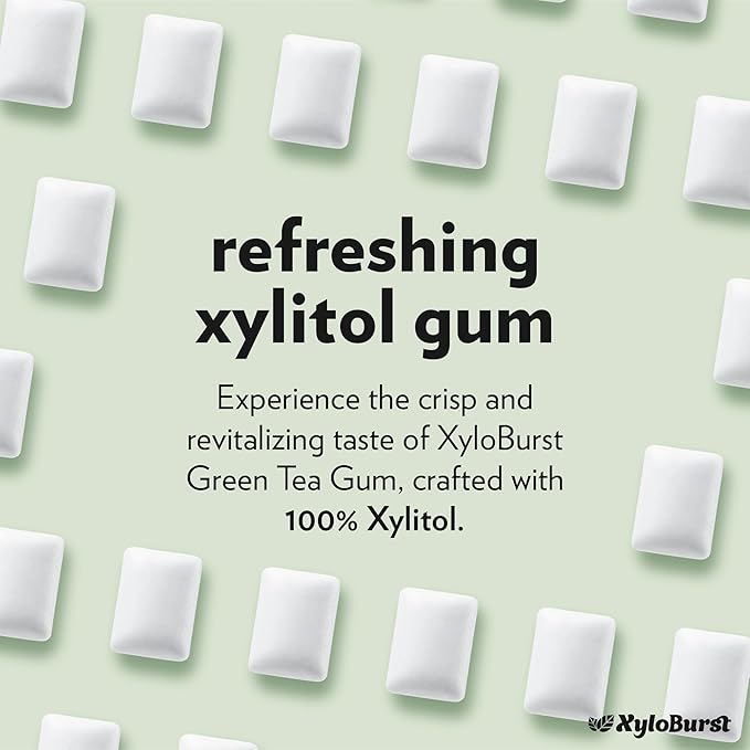 XyloBurst Gum | Xylitol Chewing Gum | Sugar Free, Gluten Free, Keto Friendly | Aspartame Free Gum For Oral Health | Green Tea | 100-Count Jar