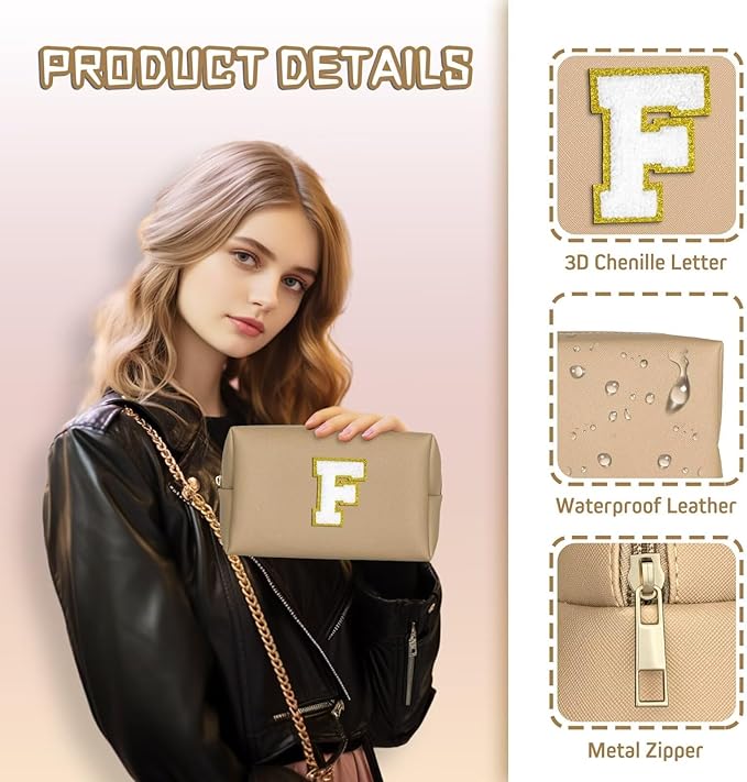 TOPEAST Personalized Birthday Gifts for Women, Preppy Patch Makeup Bag, Chenille Letter Pouch Cosmetic Bag, Travel Organizer, Gifts for Friends, Cute Stuff for Women (Khaki L)
