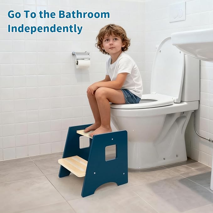 WOOD CITY Toddler Step Stool-Wooden 2 Step Stools for Bathroom Sink Potty Training Kitchen Stool Helper for Kids Bonus Non-Slip Pads and Handles for Safety Blue
