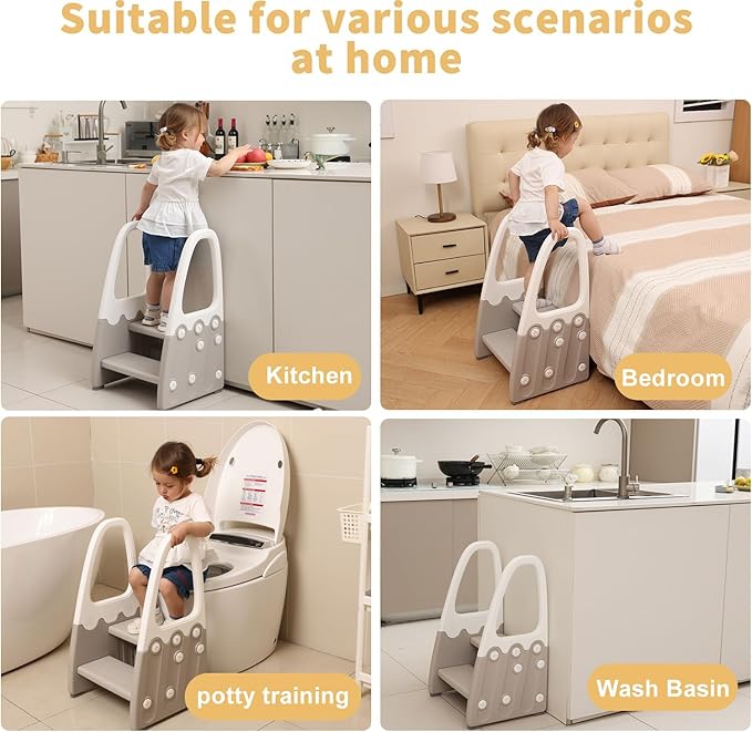Two Step Stool with Handrails for Toddler and Kids, Standing Learning Stool Tower for Bathroom Sink, Potty Training, Children Step Up Learning Helper with Handles and Safety Non-Slip Pads(Gray)