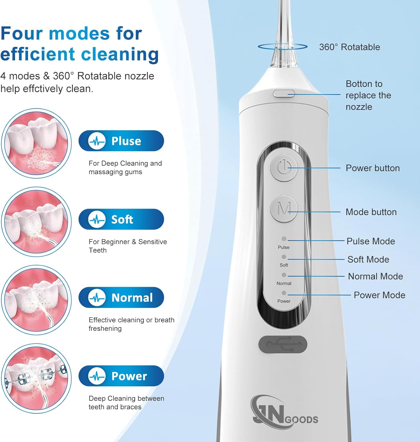 Cordless Water Dental Flosser Oral irrigator,JNGOODS 310ml Rechargeable Water flosser for Teeth IPX7 Waterproof 4 Modes Portable Oral Irrigator with 4 Jet Tips,Travel Home use (White)