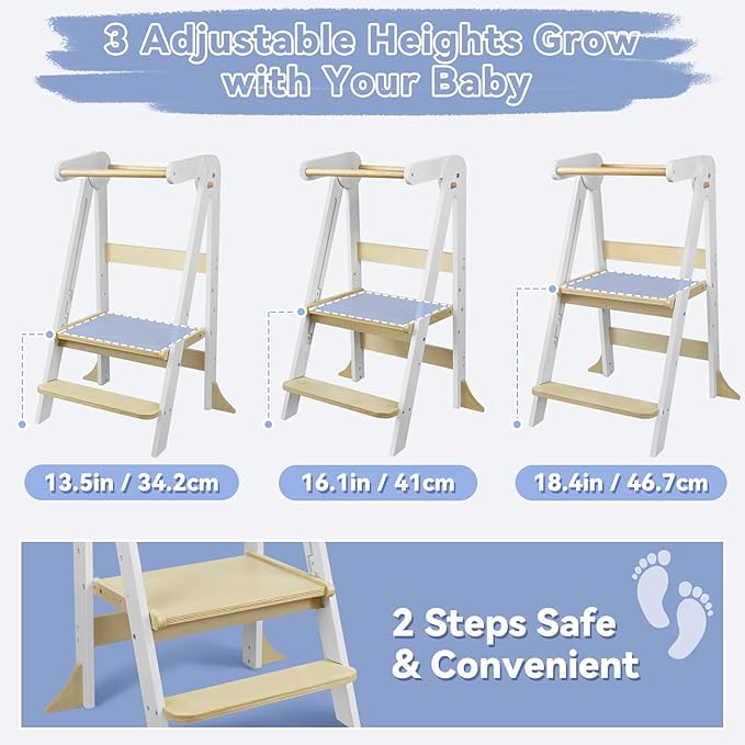 Foldable Toddler Kitchen Tower with Safety Rail, 3-Level Height Adjustable Montessori Kitchen Step Stool Helper, Standing Tower for Kids 2-6 Years, Toddler Helper Stool for Bathroom