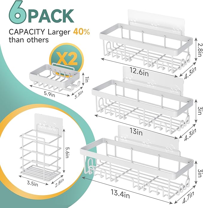 Veken 6-Pack Rustproof&Waterproof Shower Caddy, Adhesive Shelves Rack with Soap Holder, Large Bathroom & Washroom Organizer, No Drilling Wall-Mounted Kitchen&Home Decor,Ideal for Bathtub Storage,White