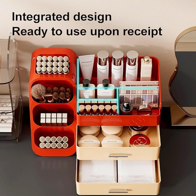 Makeup Organizer with Drawers,Large Capacity Countertop Organizer for Vanity,Bathroom and Bedroom Desk Cosmetics Organizer,Easy To Storage Skincare,Brushes,Lotions,Lipstick (Red and Cream)