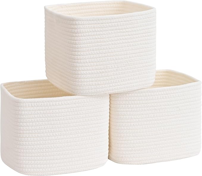 3 Pack Cube Storage Bin, 9”x9”x7” Cotton Rope Woven Baskets for Organizing Toys Clothes Towels, Square Gift Storage Baskets for Shelf, Nursery, Closet, Bathroom, Pantry (White)