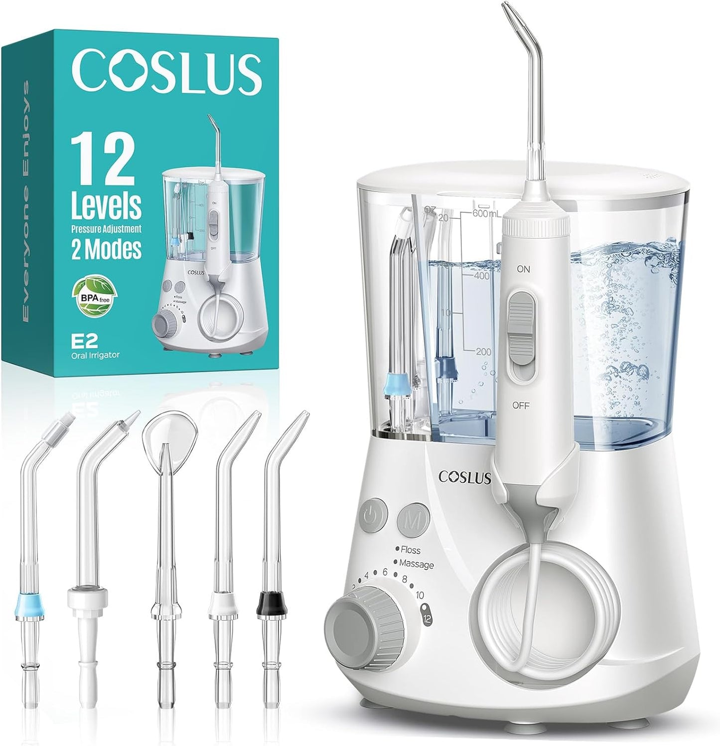 COSLUS Advanced Water Flosser for Teeth: 2 Modes & 12 Pressure Settings Electric Dental Pick for Orthodontic, Braces, Sensitive Gums - Home Use, 5 Jet Tips for Multiple Users, Family, White, E2