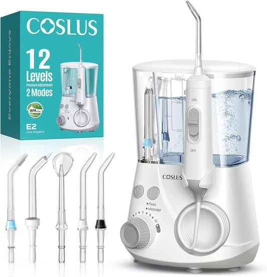 COSLUS Advanced Water Flosser for Teeth: 2 Modes & 12 Pressure Settings Electric Dental Pick for Orthodontic, Braces, Sensitive Gums - Home Use, 5 Jet Tips for Multiple Users, Family, White, E2