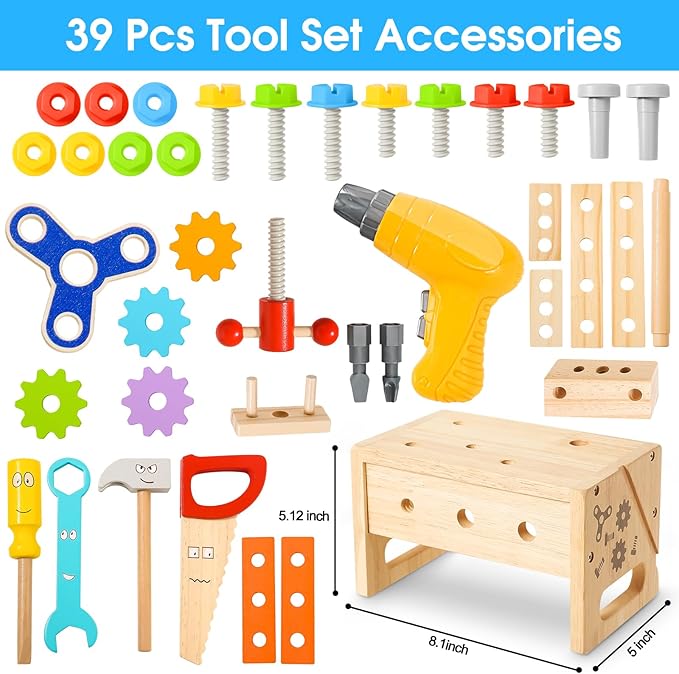 Kids Tool Set with Electric Drill, 39 Pcs Wooden Toddler Play Tool Bench Kits with Tool Box, Montessori STEM Educational Pretend Construction Toy for 3 4 5 6 Year Old Boys Girls Birthday Gifts