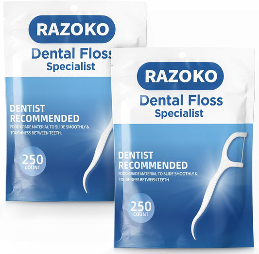RAZOKO Dental Floss Picks High Pull Toothpicks Sticks,Professional Clean Floss Picks,Unflavored Disposable Flossers Refill Pack 500Pcs