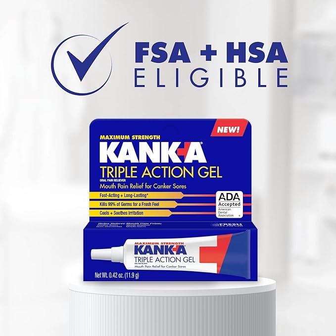 Kank-A Triple Action Gel, 0.42 oz, Maximum Strength Mouth Pain Relief Gel for Canker Sores, Triple Action Treatment, Fast Acting and Long-Lasting Pain Relief, Cools and Soothes Irritation, 0.42 oz